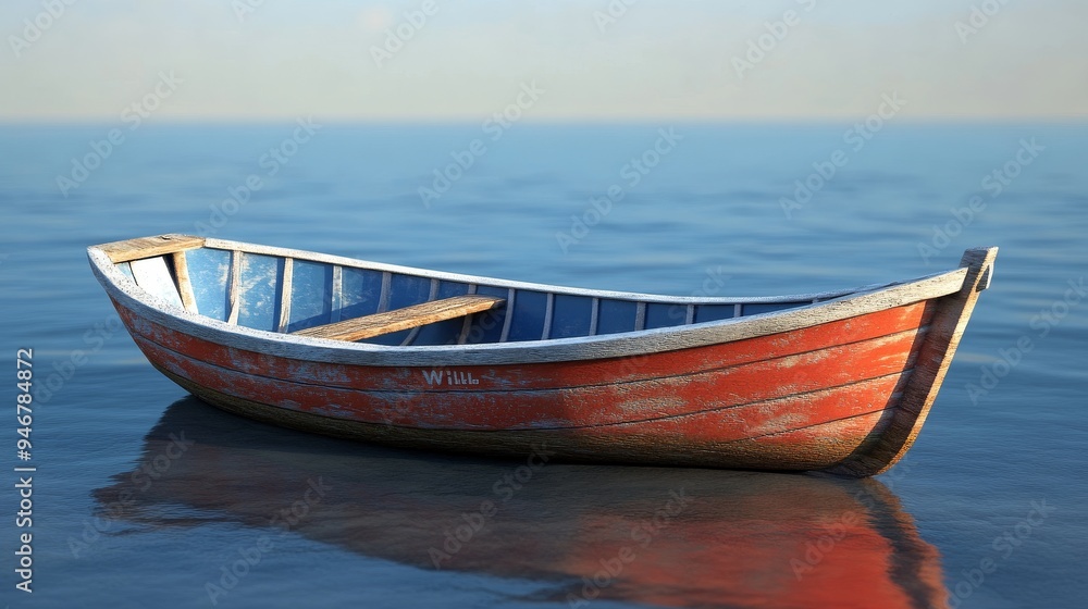 Naklejka premium A vibrant red wooden boat gently floating on calm water under a clear sky, evoking a sense of tranquility and adventure.