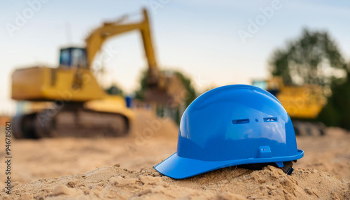 Protective helmet on sand. Blurred heavy equipment in the background. Construction site.