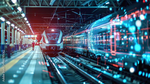 High-Tech Train Departing from a Smart Railway Station 