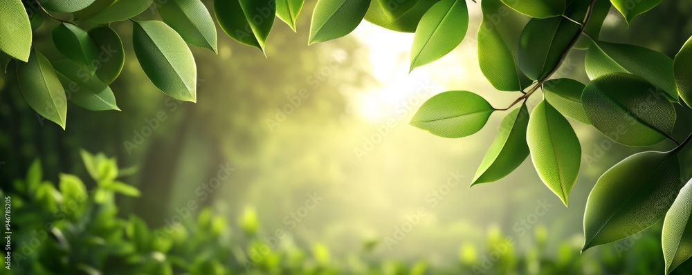 A serene view of green leaves framing a sunlit forest, creating a peaceful and natural atmosphere. A serene view of green leaves framing a sunlit forest, creating a peaceful and natural atmosphere.