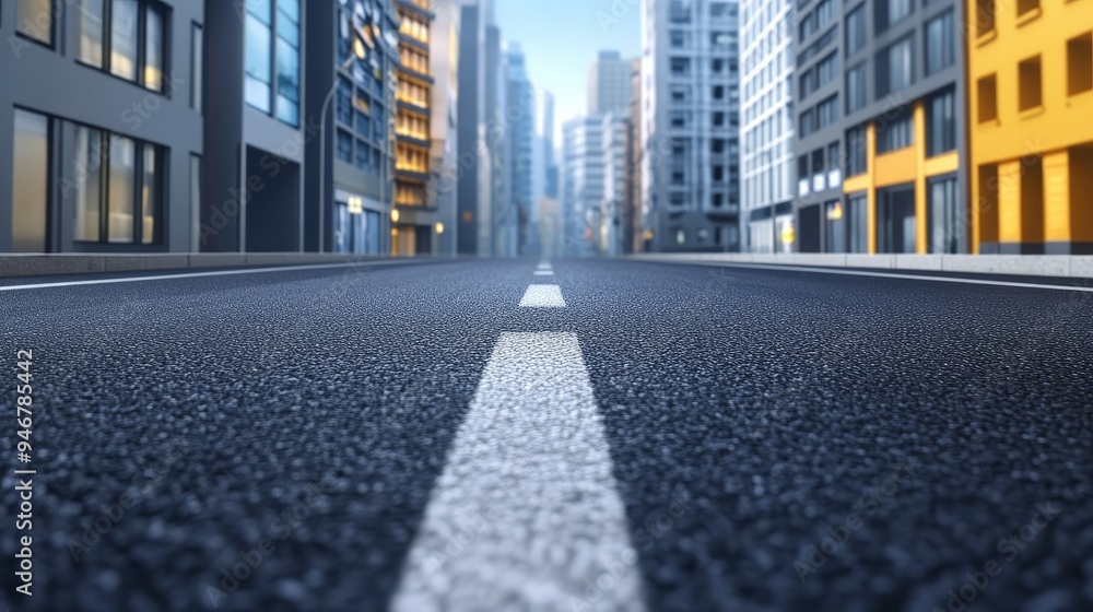 Obraz premium A clear city street stretches ahead, lined with modern buildings, showcasing a vibrant urban landscape under bright blue skies.