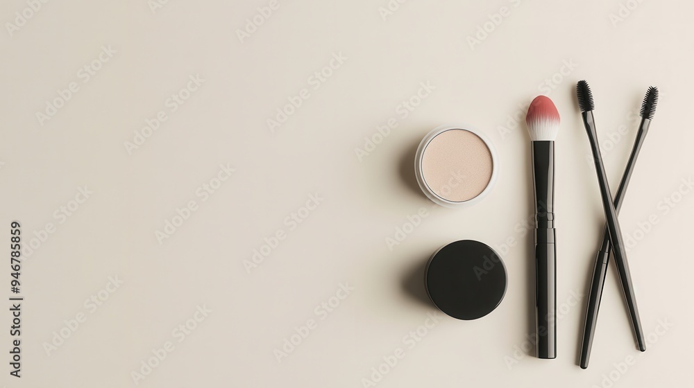 A carefully arranged selection of cosmetic products showcases lipstick, brushes, and powder against a simple, light background. Generative AI A carefully arranged selection of cosmetic products showcases lipstick, brushes, and powder against a simple, light background. Generative AI