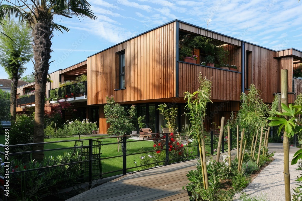Green plants are surrounding a modern wooden condo building with balconies on a sunny summer day Green plants are surrounding a modern wooden condo building with balconies on a sunny summer day