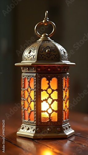 A brass lantern, geometric patterns, standing on a wooden surface 