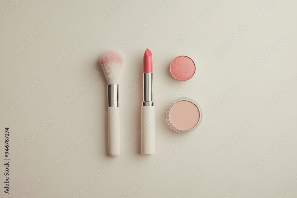 A carefully arranged set of cosmetic products includes a pink lipstick, makeup brushes, and powder on a light-colored surface. Generative AI A carefully arranged set of cosmetic products includes a pink lipstick, makeup brushes, and powder on a light-colored surface. Generative AI