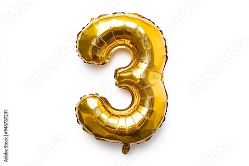 Number 3 golden inflatable foil balloons. Bright party decoration. Three years on white background