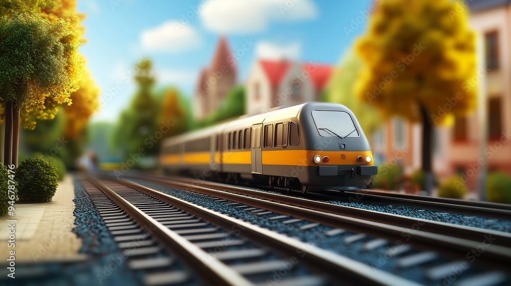 Naklejka premium A vibrant train passing through a picturesque landscape, showcasing urban architecture and lush greenery.