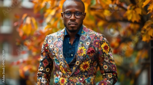 A man wearing a colorful floral jacket stands in front of a tree