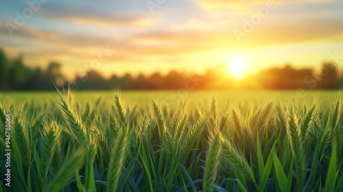 Golden sunlight glimmers over vibrant green grass in a serene landscape, evoking calmness and natural beauty at dusk.