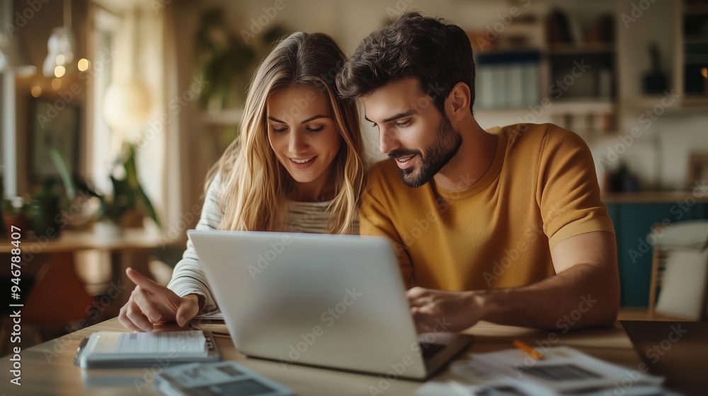 A couple engages in a collaborative project at home, reviewing documents on a laptop while enjoying quality time together A couple engages in a collaborative project at home, reviewing documents on a laptop while enjoying quality time together