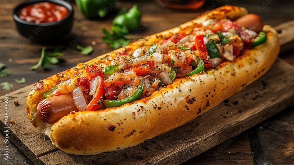 Italian hot dog - Hot dog in a pizza bread roll with peppers and onions. copy space for text. Italian hot dog - Hot dog in a pizza bread roll with peppers and onions. copy space for text.