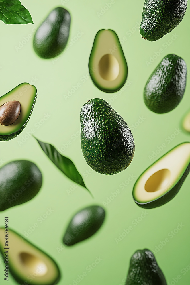 flying avocados on a green background, professional studio product photo, vertical image flying avocados on a green background, professional studio product photo, vertical image