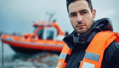 Man wearing orange jacket standing next to ocean, small rescue boat in background. Sea marine paramedic. Generative AI