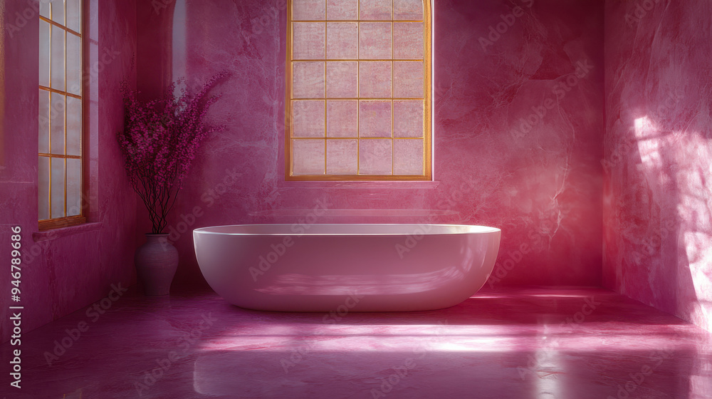 Soft pastel pink luxurious bathroom interior with a large white bathtub and elegant decor. Sunlight streaming through the window enhances the tranquil and peaceful ambiance of the space. Soft pastel pink luxurious bathroom interior with a large white bathtub and elegant decor. Sunlight streaming through the window enhances the tranquil and peaceful ambiance of the space.