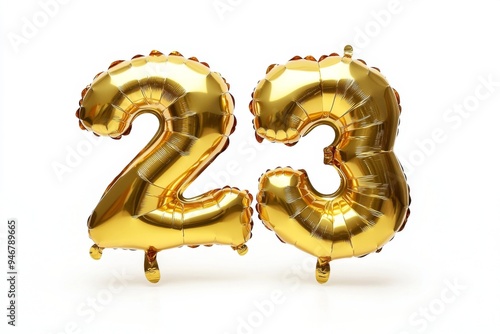 Number 23 golden inflatable foil balloons. Bright party decoration. Twenty three years on white background