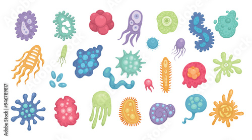 Cartoon bacteria mascot. Virus character, bacterias with funny faces. Color microbes and disease viruses isolated vector illustration set. Monster creature organism, bacteria and microbe