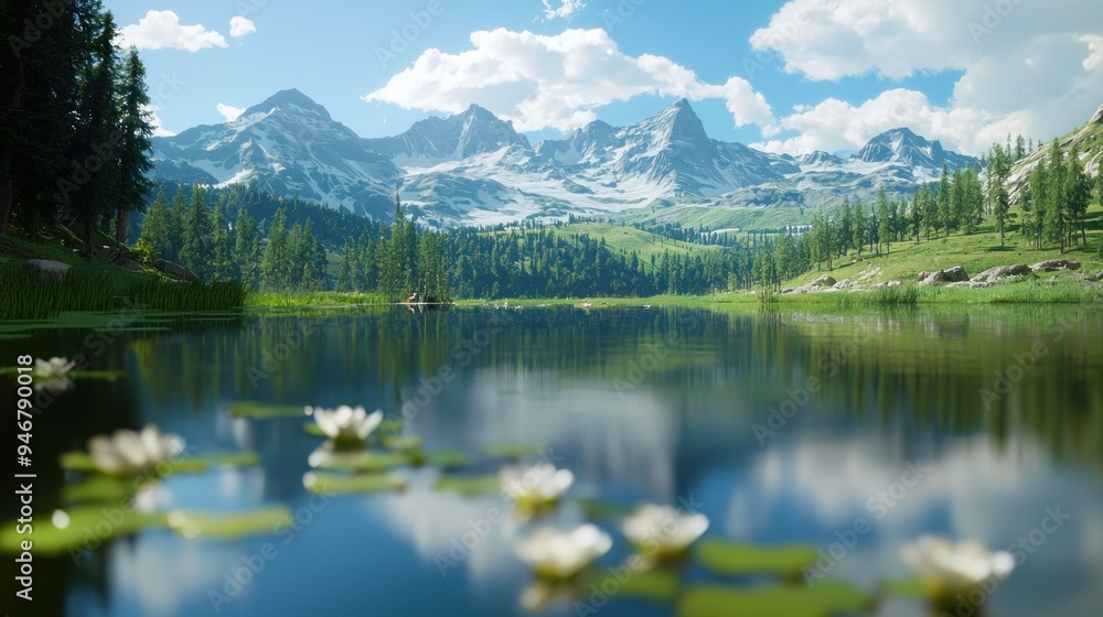 Tranquil Mountain Lake with Lily Pads and Reflections Tranquil Mountain Lake with Lily Pads and Reflections