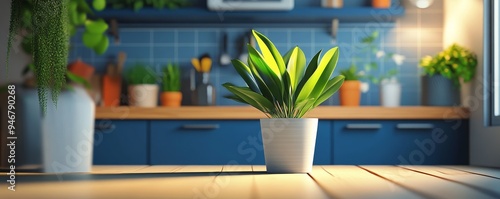 A vibrant green plant in a white pot enhances a modern kitchen with blue cabinets and warm lighting. photo