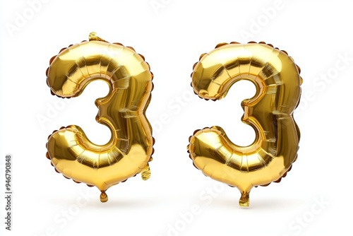 Number 33 golden inflatable foil balloons. Bright party decoration. Thirty three years on white background