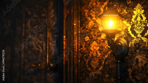 Wallpaper Mural A lamp is lit up in a room with a dark, ornate wallpaper Torontodigital.ca