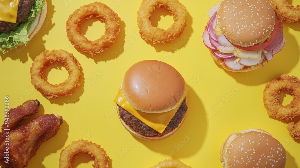 An array of fast food offerings showcases burgers, onion rings, and chicken pieces set against a vibrant yellow backdrop An array of fast food offerings showcases burgers, onion rings, and chicken pieces set against a vibrant yellow backdrop