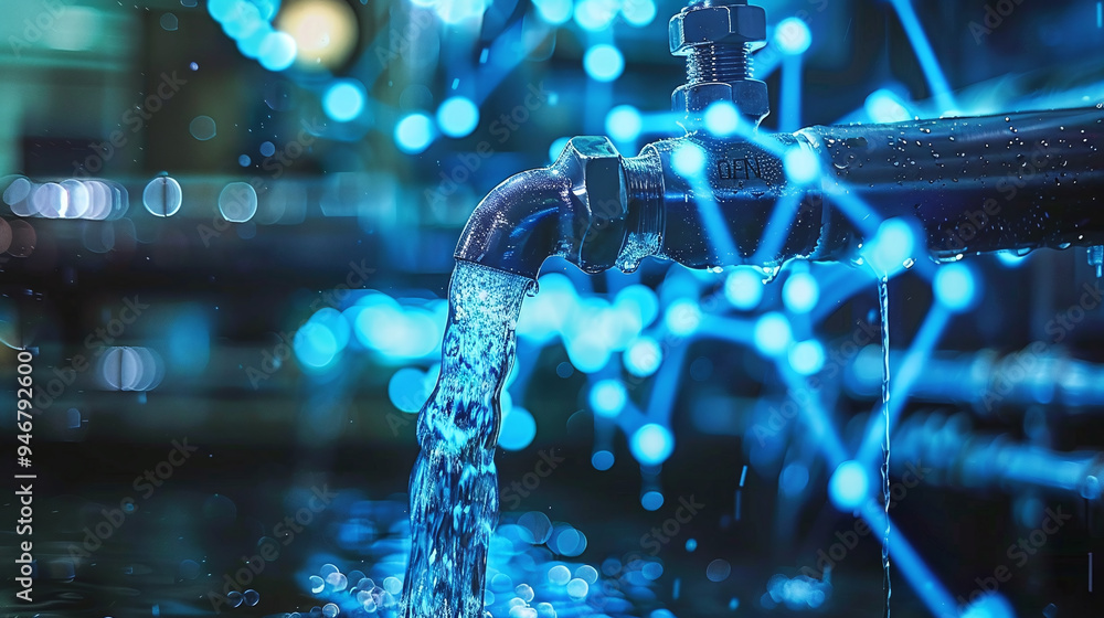 Futuristic Water Flowing from Faucet with Digital Technology Overlay