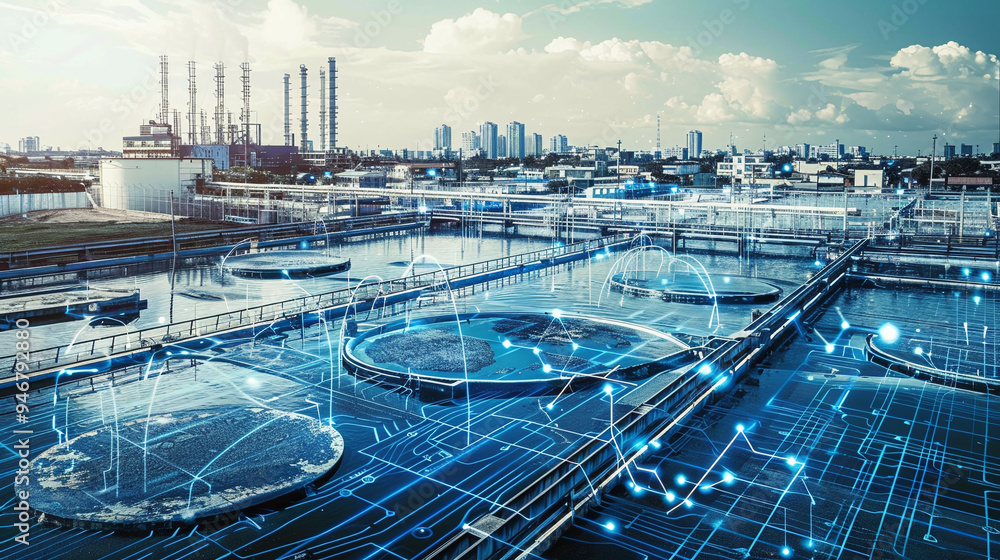 Futuristic Water Treatment Facility with Integrated Smart Technology