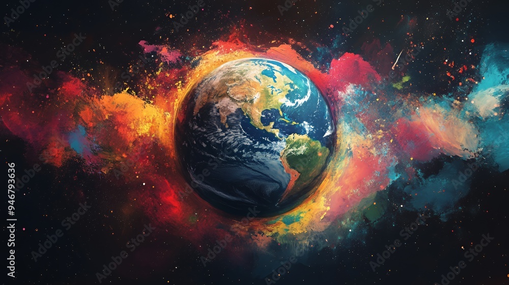 A vibrant depiction of Earth surrounded by colorful cosmic elements. A vibrant depiction of Earth surrounded by colorful cosmic elements.