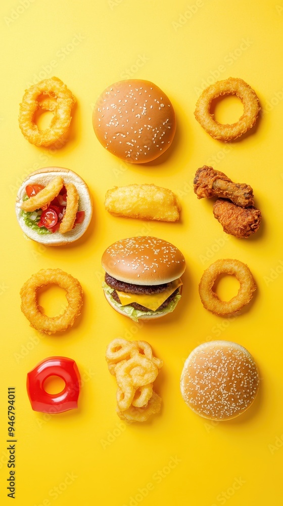 A colorful flat lay showcases various fast food items including burgers, onion rings, and chicken pieces arranged attractively A colorful flat lay showcases various fast food items including burgers, onion rings, and chicken pieces arranged attractively