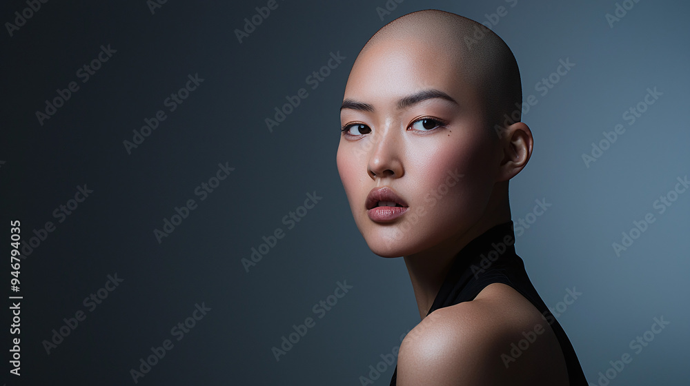 a bald asian female professional model, presenting a poised and assertive expression, studio portrait photography a bald asian female professional model, presenting a poised and assertive expression, studio portrait photography