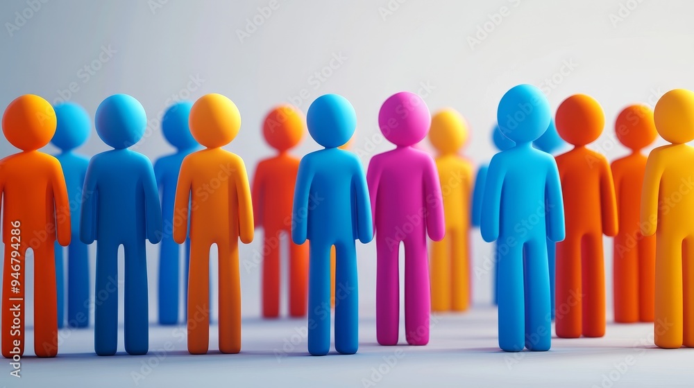 Vibrant group of stylized figures in various colors representing diversity and teamwork in a modern design. Vibrant group of stylized figures in various colors representing diversity and teamwork in a modern design.