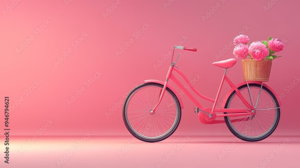 A charming pink bicycle with a basket full of flowers, set against a soft pink background, perfect for summer themes. A charming pink bicycle with a basket full of flowers, set against a soft pink background, perfect for summer themes.