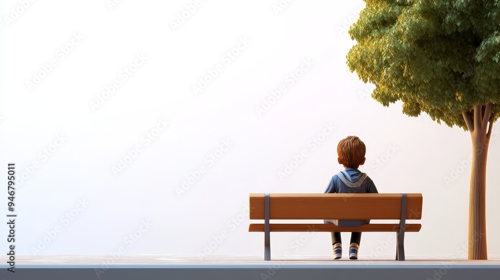 custom made wallpaper toronto digitalA child sits alone on a park bench, gazing into the distance, surrounded by greenery, representing solitude and contemplation.