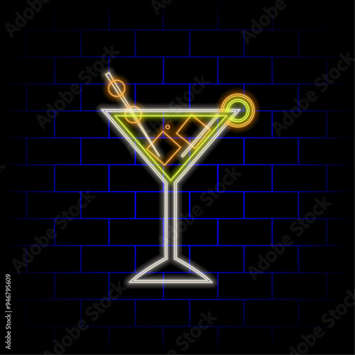 Set of cocktail neon emblem. Vector illustration. Neon sign for banner, billboard, promotion or advertisement. Elements on the theme of the restaurant business.