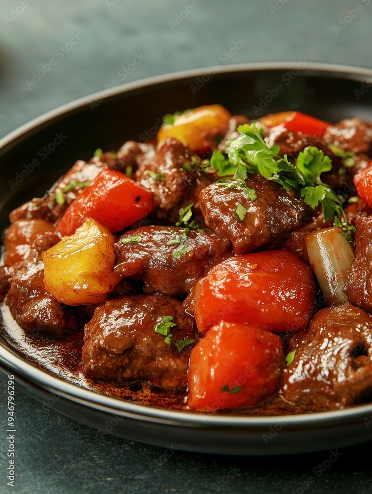 A delicious dish of beef stew with vegetables garnished with herbs. A delicious dish of beef stew with vegetables garnished with herbs.