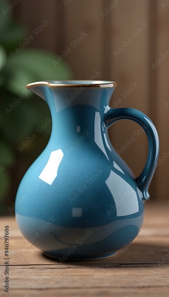 A ceramic pitcher or vase with a rounded body and a handle A ceramic pitcher or vase with a rounded body and a handle
