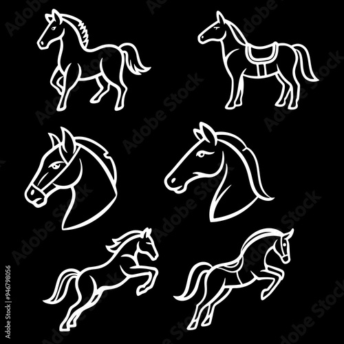 Vector set of horse icons in primitive Doodle style