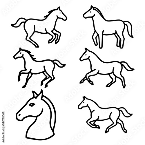 Vector set of horse icons in primitive Doodle style