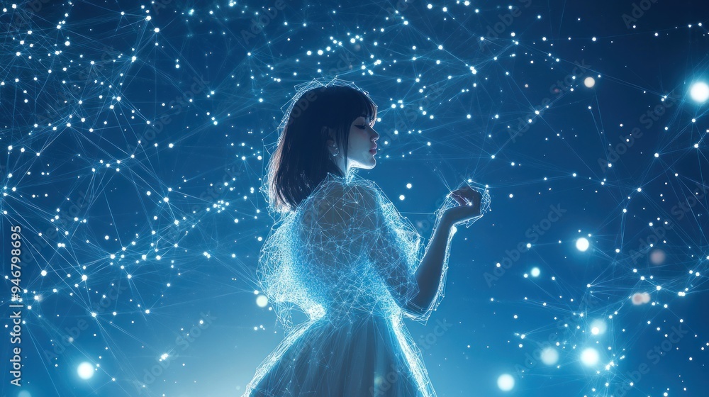 Woman in a White Dress Surrounded by a Constellation of Lights Woman in a White Dress Surrounded by a Constellation of Lights