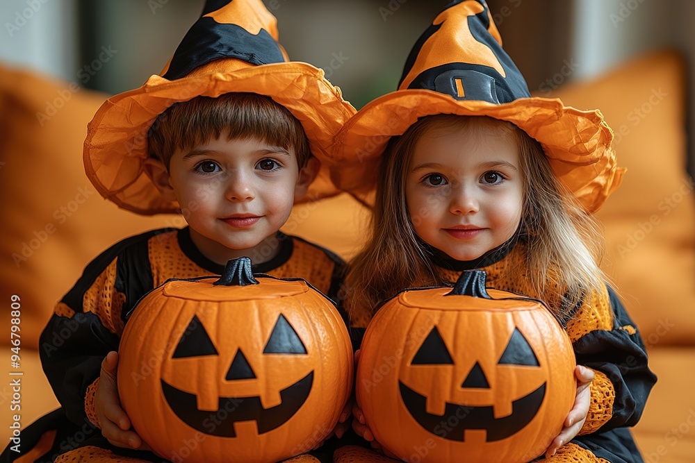 Kids trick or treat in Halloween costume. Happy Halloween. three running kids with a basket for sweets Kids trick or treat in Halloween costume. Happy Halloween. three running kids with a basket for sweets