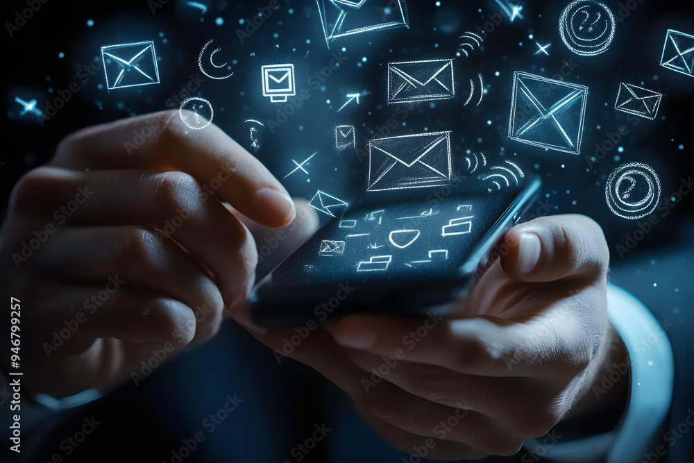 In this image, a businessman is holding a smartphone with a chalk drawing on its screen as he receives an email alert. The concept is a close-up of hands using a mobile phone to check or read In this image, a businessman is holding a smartphone with a chalk drawing on its screen as he receives an email alert. The concept is a close-up of hands using a mobile phone to check or read