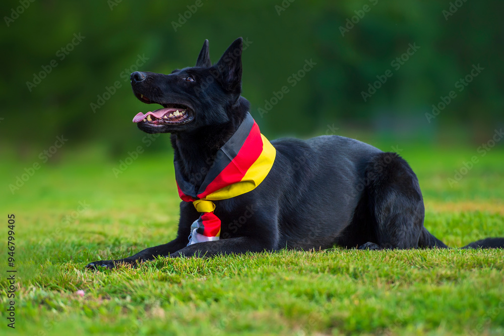 Black german shepherd dog wearing a black and red and yellow bandana lying on the grass Black german shepherd dog wearing a black and red and yellow bandana lying on the grass