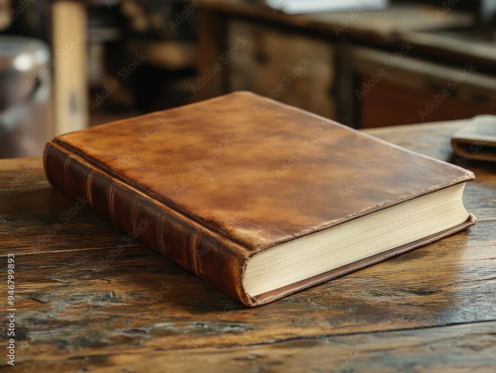 Close-up of a blank book cover on a wooden table, modern and clean layout, soft shadows, space for custom text or design, warm and inviting atmosphere Close-up of a blank book cover on a wooden table, modern and clean layout, soft shadows, space for custom text or design, warm and inviting atmosphere