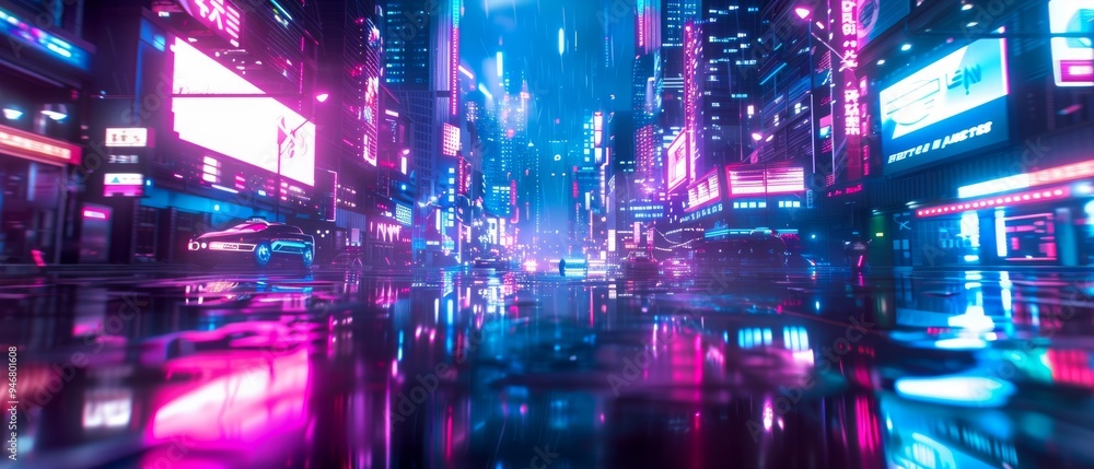 Futuristic cityscape background, neon-lit buildings, and holographic advertisements glowing in the night Futuristic cityscape background, neon-lit buildings, and holographic advertisements glowing in the night