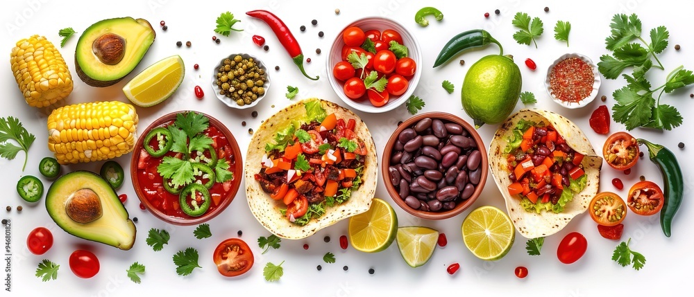 Top view collection of mexico foods isolated on a white background Top view collection of mexico foods isolated on a white background