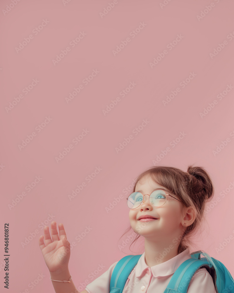 Smiling schoolgirl with backpack waving and looking up on pink background Smiling schoolgirl with backpack waving and looking up on pink background