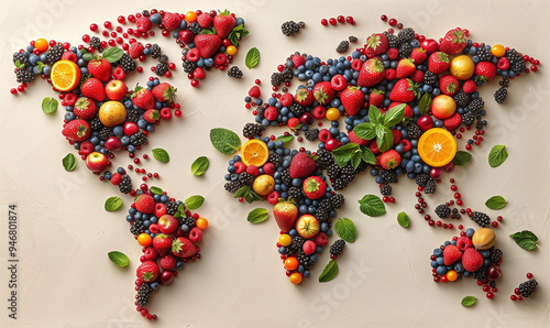 A colorful world map made entirely of fresh fruits in a creative arrangement on a neutral background. photo