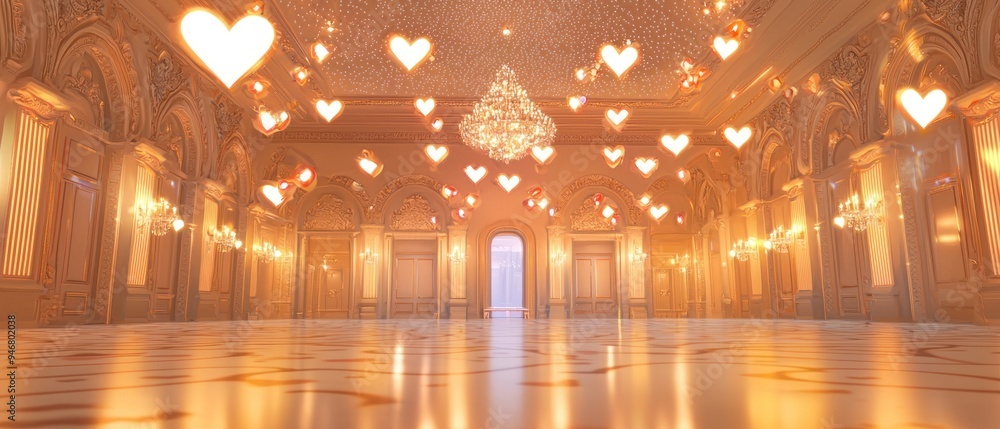 Obraz premium A Golden Ballroom Decorated with Glowing Hearts