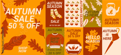 Simple hand drawn autumn  template set. Fall season design sale. Hello autumn vector background. Different cover, posters. 