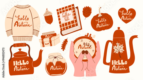 Hello Autumn slogan handwritten set. Different vector hand-drawn seasonal cozy and cute elements. Autumn lettering sticker pack. 